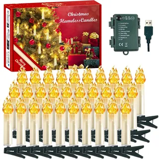 YUEJIDZ 30 stk LED Christbaumkerzen,Warmweiß Wasserdicht Lichterkette mit Clip,Flammenlose Weihnachtskerzen für Weihnachtsbaum,Weihnachtsdeko,Geburtstags, Party,Innen Außen
