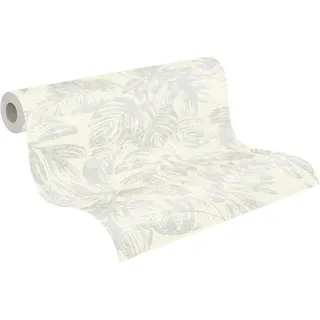 A.S. Création Vliestapete 10,05 m x 0,53 m mit glänzendem Palmenblatt-Muster - Weiß, Silber - Tapete in Dschungeloptik - 393403