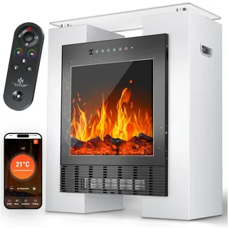 KESSER® LED Kamin mit Heizung elektrisch | Heizlüfter Elektrokamin mit Thermostat, Standkamin mit realistischem Feuer -/ Flammeneffekt per App + Fernbedienung & WLAN – mit Timer,15-35°C, Weiß