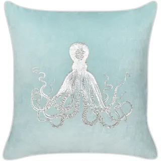 BELIANI Dekokissen Hellblau und Silber Samt Quadratisch 45x45 cm mit Füllung Reißverschluss Bedruckt Bestickt Tiermotiv Oktopus Tintenfisch Meeresmotiv - Blau