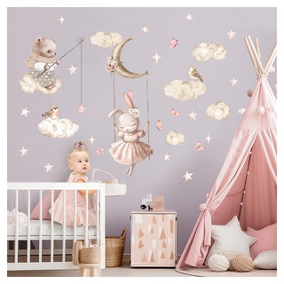 DEKO KINDERZIMMER Wandsticker Hase auf Schaukel Wandtattoo für Babyzimmer Wolken Sterne Wandaufkleber Tiere Kinderzimmer Wanddeko DK1126-04