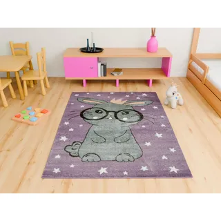 AKCILA Lima Kinderteppich Lila Grau mit Hase 140x190 cm | Wunderschön Teppich für Kinderzimmer, niedliches Tiermotiv, Kinderteppich für das Kinderzimmer mit Fußbodenheizung