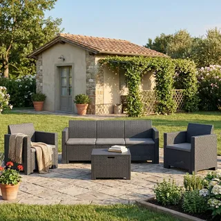 Dmora - Loungeset für draußen Venus, Outdoor-Lounge mit Couchtisch, Terrassenset mit Kissen, Gartenkomposition mit Sofa und Sesseln, Made in Italy, Anthrazit