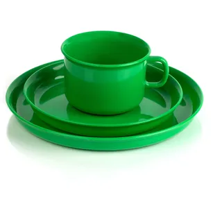 Frühstücksset bestehend aus Tasse, Untertasse und Teller grün Mehrweg, Kunststoff, Kaffeegeschirr Kindergeschirr Kunststoffgeschirr Plastikgeschirr Camping, Picknick, Outdoor