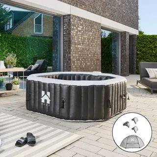 HOME DELUXE - Outdoor Whirlpool - Drop + Kissen, Getränkehalter und Sonnendach - Farbe: Schwarz,  185 cm, 130 Luftdüsen - inkl. Abdeckung, Reparaturset, Filterset I Außen Whirlpool Spa für 6 Personen - Schwarz