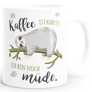 MoonWorks® Kaffee-Tasse mit Spruch Faultier Bürotasse der Kaffee ist kaputt ich bin noch müde Kaffeebecher Weiss Keramik-Tasse