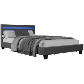 Juskys Polsterbett Paris mit Matratze und LED dunkelgrau 120x200cm , Grau , Textil , 120x200 cm , Schlafzimmer, Betten, Polsterbetten