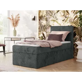 MKS MEBLE Boxspringbett 90x200 TILIANO, Einzelbett mit Multipocket-Matratze, Stauraumbett, gepolstert Kopfteil - Topper T25 - H3 - Grau Cord - Rechts Seite - Grau