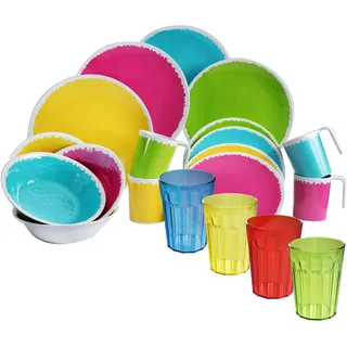 Camping Geschirr Set aus Melamin 4 Personen 20 Teile Bunt 450ml modernes
