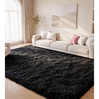 MARATIP Teppich Wohnzimmer Schwarz 120x160 cm Flauschig Weich | Hochflor-Teppich, waschbar, rutschfest, kuschelig. Ideal für Schlafzimmer, Arbeitszimmer und Kinderzimmer.