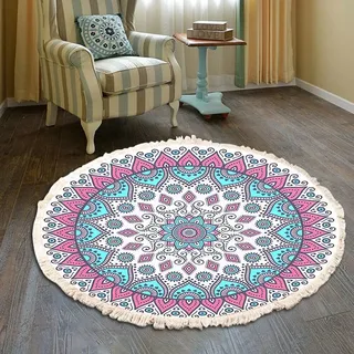 Vintage Boho Baumwolle Teppiche Mandala Muster Waschbar Handgewebte Böhmische Runder Teppich mit Quasten für Schlafzimmer Flur Wohnzimmer Couchtisch Fußmatten,Waschmaschinenfest,60CM Blumen #22