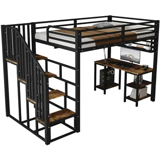 Okwish Hochbett 120/200 cm schwarz/dunkelwalnuss aus Metall-Holz mit Tisch , Schwarz , 120x200 cm , Babymöbel & Kindermöbel, Kinderzimmer & Jugendzimmer, Kinderbetten, Hochbetten