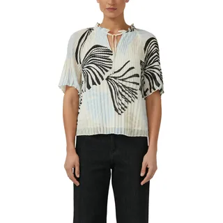 Plisseebluse S.OLIVER BLACK LABEL, Damen, Gr. 42, ecru aop, Obermaterial: 100% Polyester, bedruckt, hüftlang, Rundhals, Blusen Plisseebluse, leicht ausgestellte 3/4-Ärmel, mit Schleife am Ausschnitt