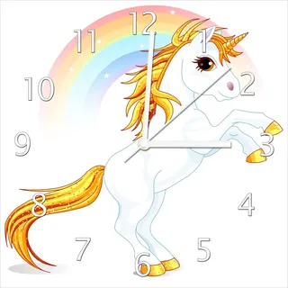 Wallario Design Wanduhr Weißes Einhorn vor einem Regenbogen aus Echtglas, Größe 30 x 30 cm - Weiß