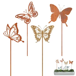 PIujsym Gartendeko für Draußen Wetterfest, Schmetterling Deko, Metall Rost Deko für Garten, 4 Gartenstecker Rost Frühlingsdeko Sommer Herbst Balkon Terrasse Blumenbeet Blumenstecker Naturliebhaber