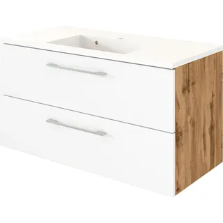 Waschtischunterschrank inkl. Mineralgusswaschbecken LOUNY-03 in Wotaneiche Nb. mit matt weiß, B/H/T: ca. 100/54/48 cm - Braun