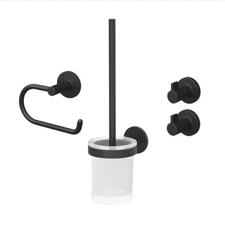 Lenz Bad-Accessoire-Set Nero in Schwarz-matt – Toilettenpapierhalter, WC-Bürstengarnitur und Zwei Handtuchhaken – 4-teilig – Zum Kleben oder Bohren – Mit Anti-Fingerabdruck Oberfläche – 4590051