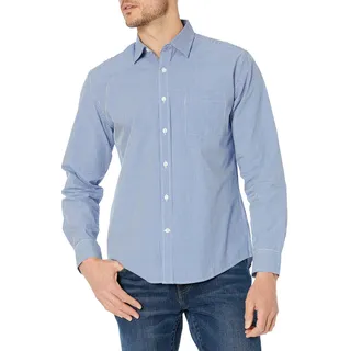 Amazon Essentials Herren Lässiges langärmeliges Popeline-Hemd Normale Passform, Blau Vichy-Muster, XL