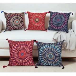 Third Eye Export 16X16 Indian Ethnic Mandala Peacock Bohemian 5er Set Dekorative Bunte Baumwolle Quadrat für Sofa Set Home Dekorative Boho Throw Kissenbezug Kissenbezug