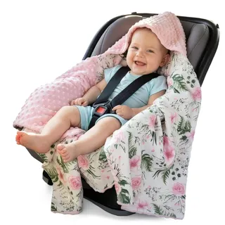 Medi Partners Einschlagdecke Baby Babyschale 100% Baumwolle für Sommer 85x85cm Kinderwagen Kuscheldecke universal Baby Decke Einschlagdecken Babydecke Buggy Autositz (Blument mit Hellrosa Minky)