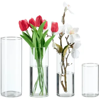 Relaxdays Vasen aus Glas, 4 Blumenvasen in versch. Größen, Glasvasen für Blumen & Kerzen, Tischvasen Set, transparent