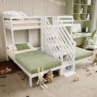 okwish Etagenbett für drei Personen 90x200 Jugendbett mit verstaubare Leiter und Geländer,Kinderbett aus Kiefernholz,weiß (Ohne Matratze) - Weiß