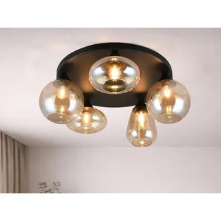 Ausgefallene große Retro LED Deckenleuchte Ø 63,5cm mit 5 Glaskugeln Amberfarbig