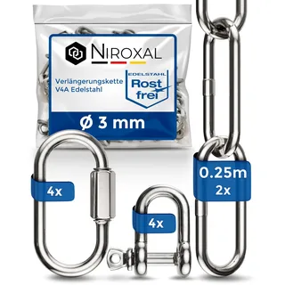 2 Stueck 25-cm = 0,25-Meter 3-mm starke Verlängerungs-Kette aus Edelstahl Bruchlast max 350 kg mit Schäkel Schraub-Verbinder aus V4A Befestigungs-Set Aufhängung von Boxsack Hängematte Hängesessel