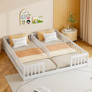 Flieks Kinderbett Einzelbett für 2 Kinder, Bodenbett 90x200cm * 2, Holzbett Spielbett ohne Lattenrost, Kinderbett mit Rausfallschutz, Weiß - Weiß