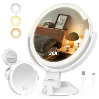 SURFOU Vergrößerungsspiegel mit Saugnapf 20 Fache, mit Beleuchtungm 3 Farbmodi & Dimmbar, 8 Zoll Spiegel mit Beleuchtungm, Kosmetikspiegel für Badezimmer, Make-up