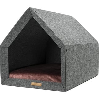 Rexproduct - PetHome Hundehütte mit Liegefläche und Dach I Biss- und Kratzfest I Gute Schalldämmung I Umweltfreundlich & Einfach zu Montieren I Größe L (80x62x64 cm) - Dunkelgrau und Rot