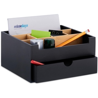 Relaxdays Schreibtisch Organizer, 1 Schublade, 6 Fächer, Bambus, HxBxT: 13x26x23,5 cm, Büro-Organisator, schwarz/Natur