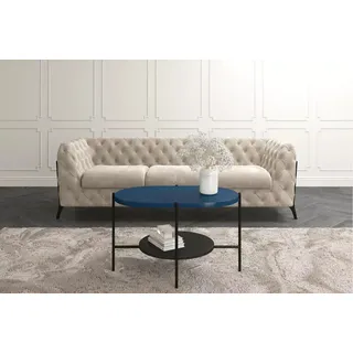 Arena Moderner Couchtisch mit 2 Ablagen / Oval + Rund / 80 x 50 x 50 cm / mit Schwarz Metallgestell / Marineblau / Schwarz - Blau