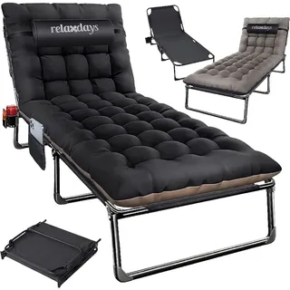 Relaxdays Campingbett klappbar, Matratze, Nackenkissen, Handyhalter, bis 250 kg, HBT: 26x190x72 cm, Feldbett, schwarz