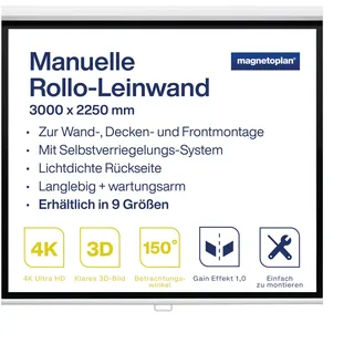magnetoplan Ultraflexible Rollo-Leinwand 147" | 300x225 cm, 4:3 | transportable 4K, Full-HD Beamer-Leinwand zur Wand-, Decken,- u. Frontmontage | Inkl. Federmechanismus für gleichmäßiges Ausrollen