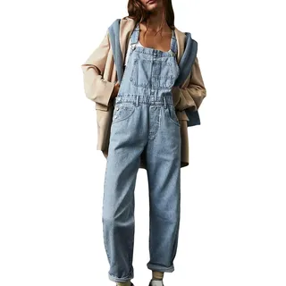 Generisch Latzhose Jeans Damen Blau Baggy Lang - Modische Blaumann Mit Verstellbaren Trägern Bequeme Arbeitslatzhose Mit Taschen Hell Weit Ärmellos Locker Geschnitten Lässig Lange Elegante Jeanshose