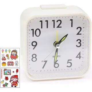 VEGCOO Analoger Wecker, geräuschloser Nachttischwecker, batteriebetrieben, Wecker mit Licht, Reisewecker, kein Ticken, tragbarer Wecker (weiß)