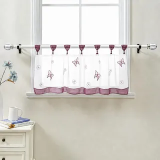 Delien Scheibengardinen Küche »Schmetterling« B120 x H45 cm, Lila | 1 Stück,Voile,Bistrogardine mit Schlaufen,Schmetterling Stickerei,Transparente Küchengardine,Landhausstil Kurzstores