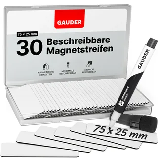 GAUDER Magnetstreifen beschreibbar | Magnetschilder zum Beschriften | Magnetkarten für Kanban Board, Whiteboard & Tafel (75 x 25 mm)