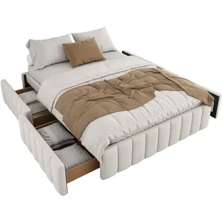Stilvora Polsterbett 140/200 cm in Beige mit 4 Schubladen Samt minimalistisch , Textil , 140x200 cm , Schlafzimmer, Betten, Polsterbetten