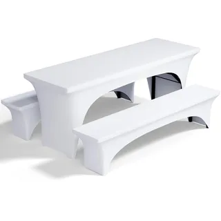 Pacok Biertischhussen Elastisch Set 3tlg,Tischhussen für Bierzeltgarnitur Bierbank Hussen Stretch Weiß Bierzelt Hussen für 70cm Tischbreite(220x70x80cm)