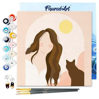 Figured'Art Mini Malen Nach Zahlen Erwachsene Mit Rahmen 20x20cm Kleines Format - Frau und ihre Katze - Paint by Numbers Basteln DIY Bastelset Leinwand gespannt auf Holzrahmen