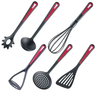 Westmark Küchenhelfer-Set, 6-tlg, Pfannenwender, Schaum-, Spaghettilöffel, Suppenkelle, Kartoffelstampfer, Schneebesen, Hochwertiger Kunststoff, Gallant, Schwarz/Rot, 290022E6