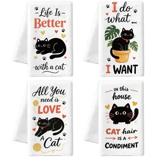 MAYJOYDIY 4 Stück Schwarze Katze Küchentücher Niedliche Katze Haustier Tier Mikrofaser Geschirrtuch 60x40 cm Lustige Sprüche Saugfähiges Spültuch für Küche Badezimmer Bar Sport Einweihungsparty