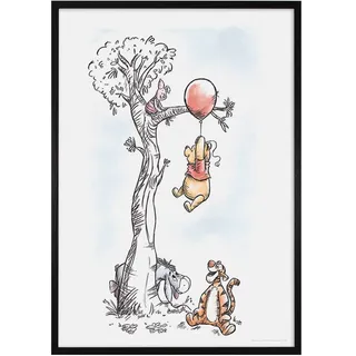 Komar Bilderrahmen Holz Black mit Wandbild Winnie The Pooh Hang on als Set - Größe: 50x70 cm - Wandbild, Dekoration, Bär, Disney, bunt