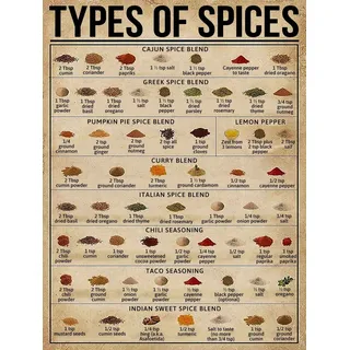 Spice Knowledge Metall-Blechschilder, Arten von Gewürzen, lustiges Poster, Café, Wohnzimmer, Badezimmer, WC, Küche, Zuhause, Kunst, Wanddekoration, Schild, Geschenk