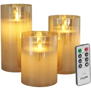 LC Home Candela Lights LED Kerzen Set Echtwachs inkl. Glas mit Fernbedienung Timer Funktion & mehrstufig dimmbar bewegliche Flamme Echtwachskerzen (Gold)