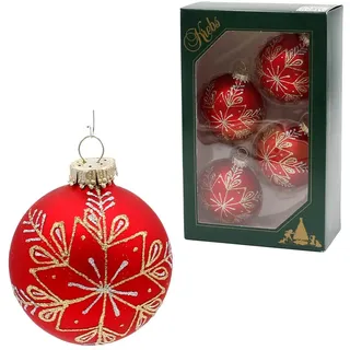 ***Lauschaer Christbaumschmuck - 4er Set Christbaumkugeln in Rot matt, handdekoriert mit Glitter - Dekor in Gold und Silber, mit Goldkrönchen, Größe Ø ca. 6 cm