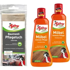 POLIBOY Möbel Intensiv Pflege - Pflegemittel für lackiertes Holz - Schützende und auffrischende Holzpflege - Farbneutral - 2x 200 ml - Mit Baumwolltuch - Made in Germany