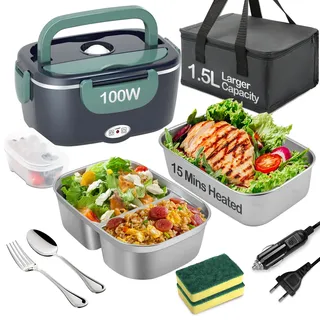 BYbrutek Elektrische Lunchbox 100W, 3-In-1 tragbare beheizte Lunchbox, 1,5L Edelstahl Entnehmbare brotdose, 12V/24V/220V Insulated Wärmebox Auto/Lkw/Bür (Blau&Grün, 1.5 L)